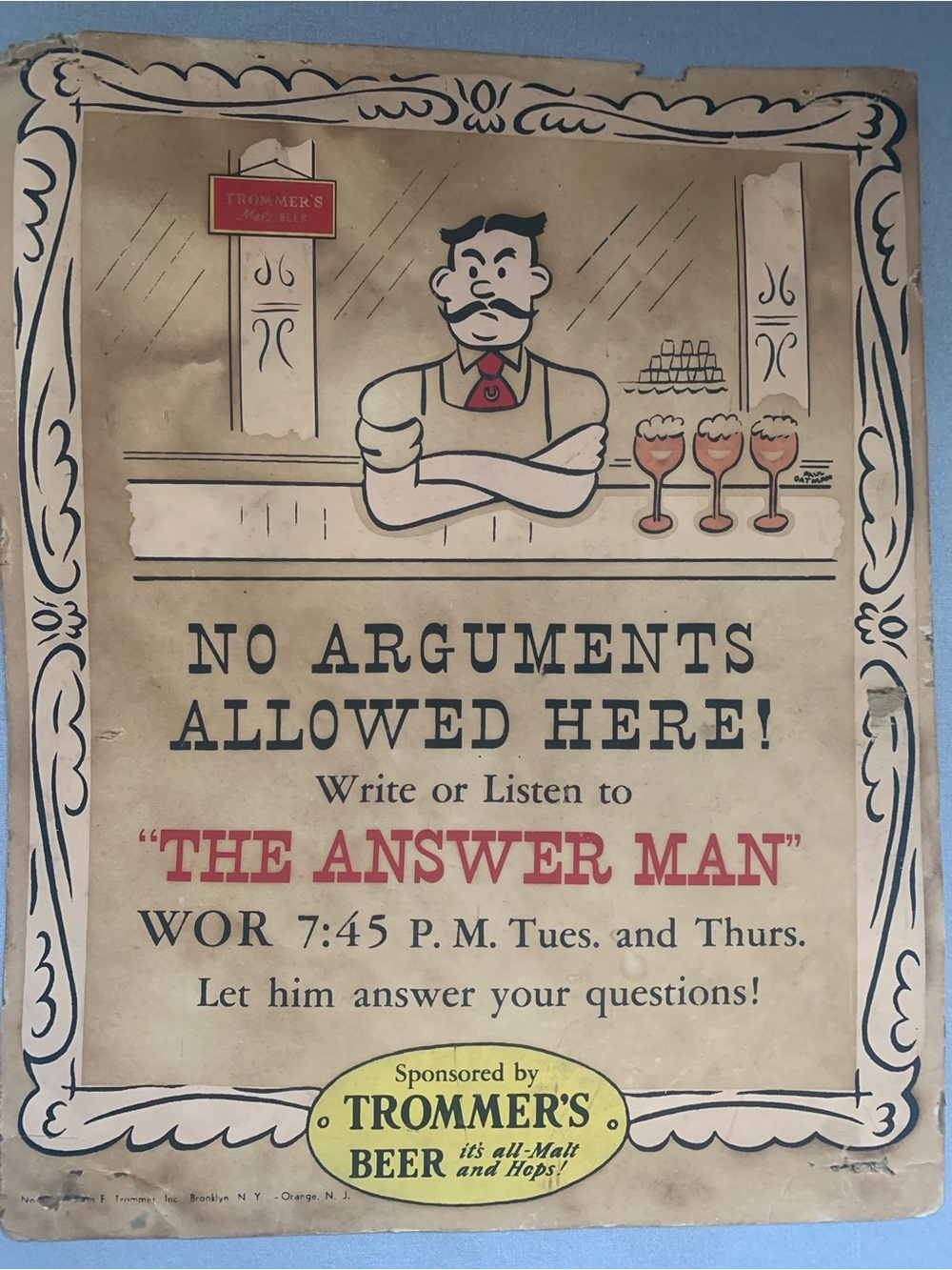 Vintage Trommer's Beer The Answer Man Vintage Bar Advertising Sign Brown Red